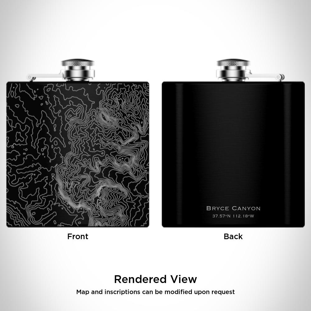 Matte black hip flask featuring a custom engraved map of Bryce Canyon National Park, Utah, with coordinates.