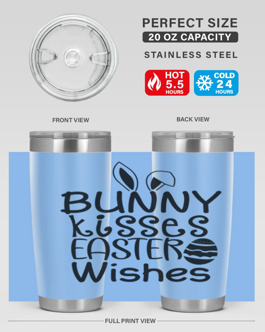 Bunny Kisses Easter Wishes tumbler featuring a whimsical design, available in 20oz and 30oz sizes, made of stainless steel.