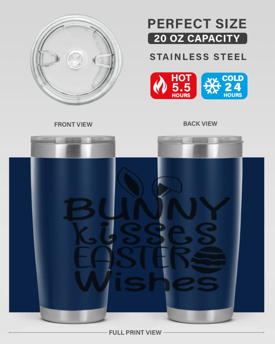 Bunny Kisses Easter Wishes tumbler featuring a whimsical design, available in 20oz and 30oz sizes, made of stainless steel.