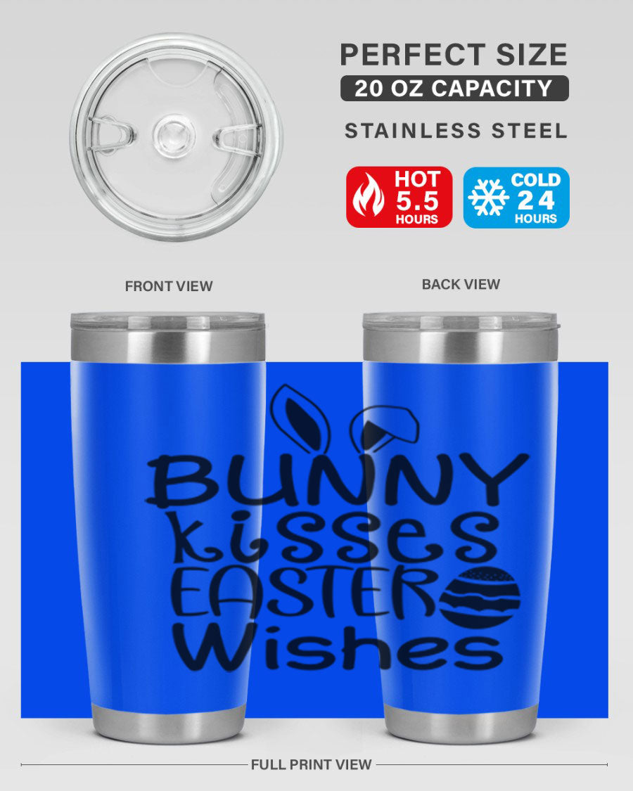 Bunny Kisses Easter Wishes tumbler featuring a whimsical design, available in 20oz and 30oz sizes, made of stainless steel.