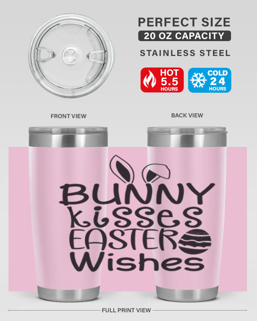 Bunny Kisses Easter Wishes tumbler featuring a whimsical design, available in 20oz and 30oz sizes, made of stainless steel.