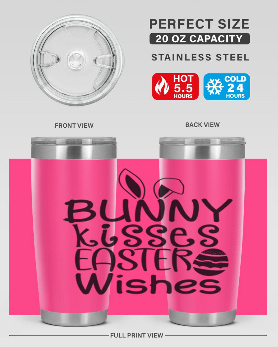 Bunny Kisses Easter Wishes tumbler featuring a whimsical design, available in 20oz and 30oz sizes, made of stainless steel.