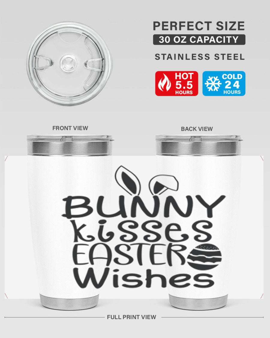 Bunny Kisses Easter Wishes tumbler featuring a whimsical design, available in 20oz and 30oz sizes, made of stainless steel.