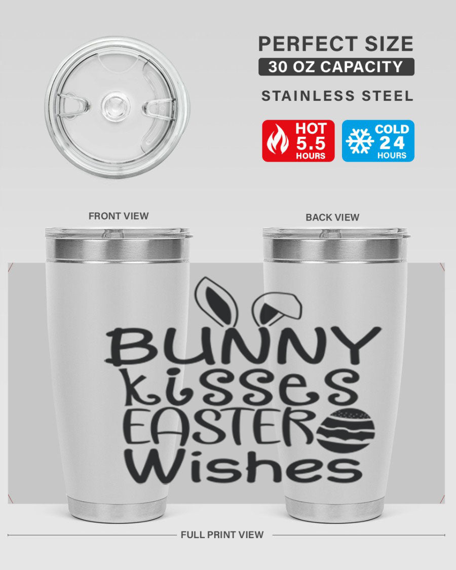 Bunny Kisses Easter Wishes tumbler featuring a whimsical design, available in 20oz and 30oz sizes, made of stainless steel.