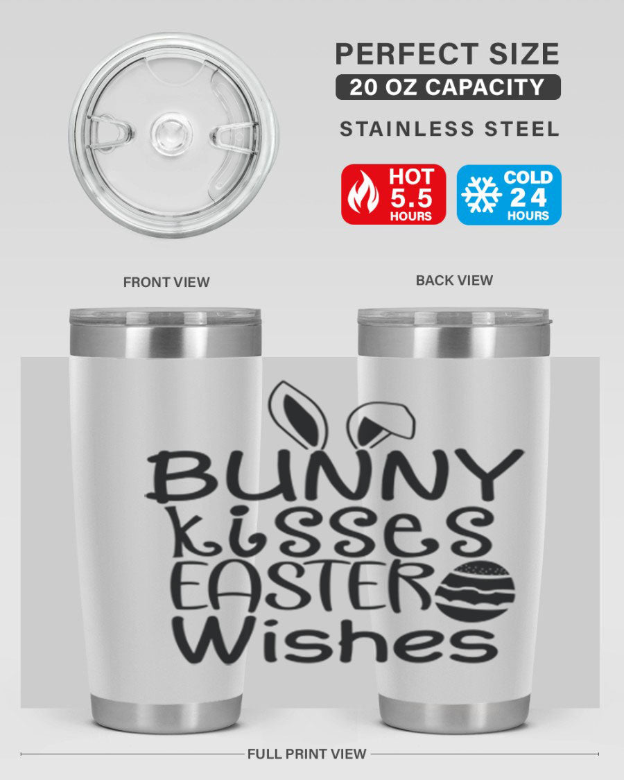 Bunny Kisses Easter Wishes tumbler featuring a whimsical design, available in 20oz and 30oz sizes, made of stainless steel.