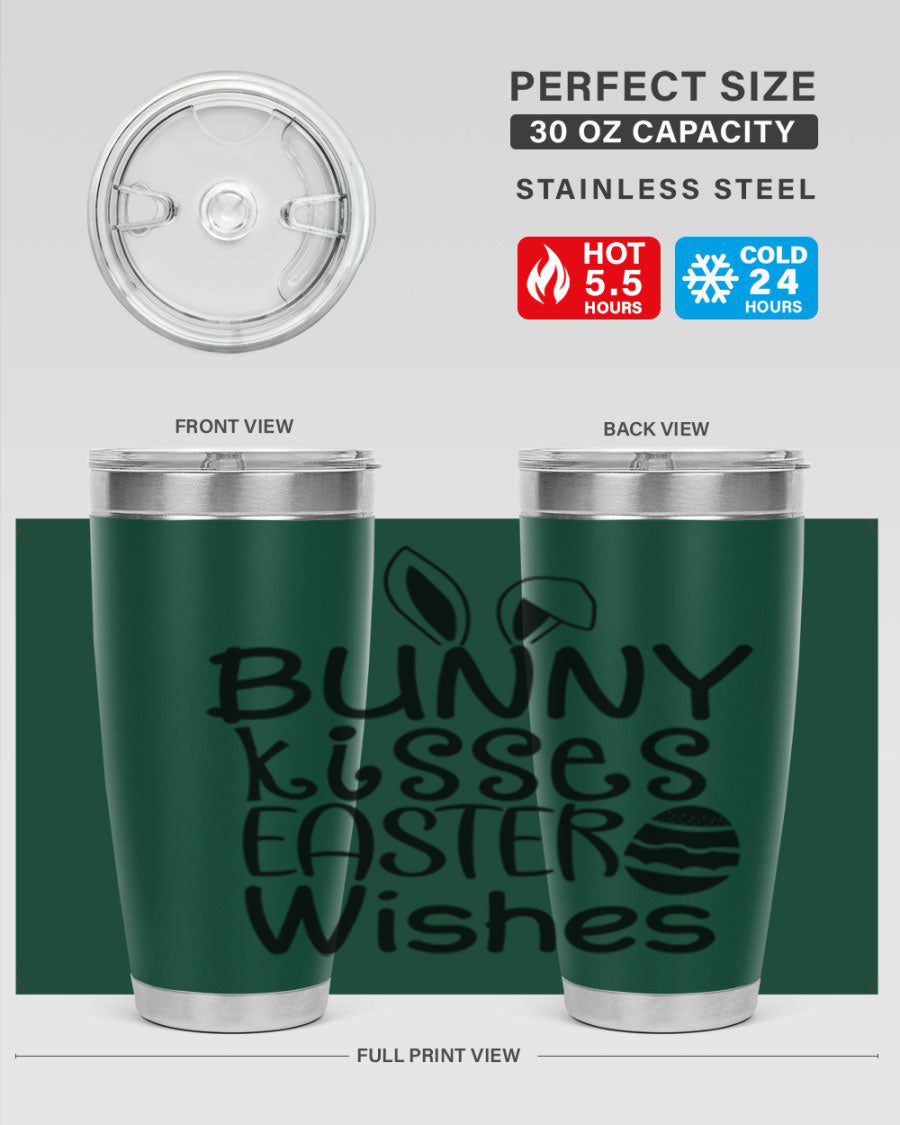 Bunny Kisses Easter Wishes tumbler featuring a whimsical design, available in 20oz and 30oz sizes, made of stainless steel.