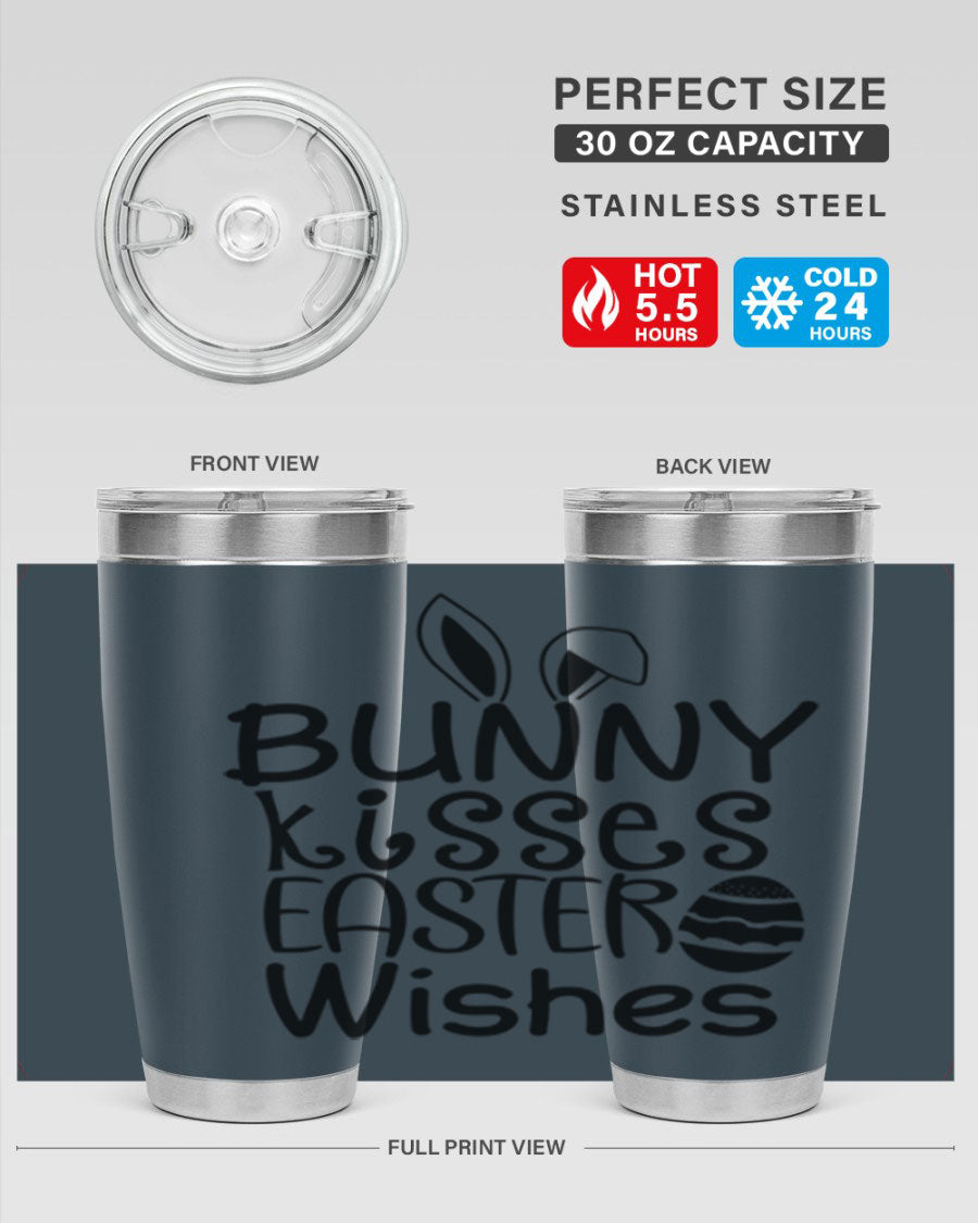 Bunny Kisses Easter Wishes tumbler featuring a whimsical design, available in 20oz and 30oz sizes, made of stainless steel.