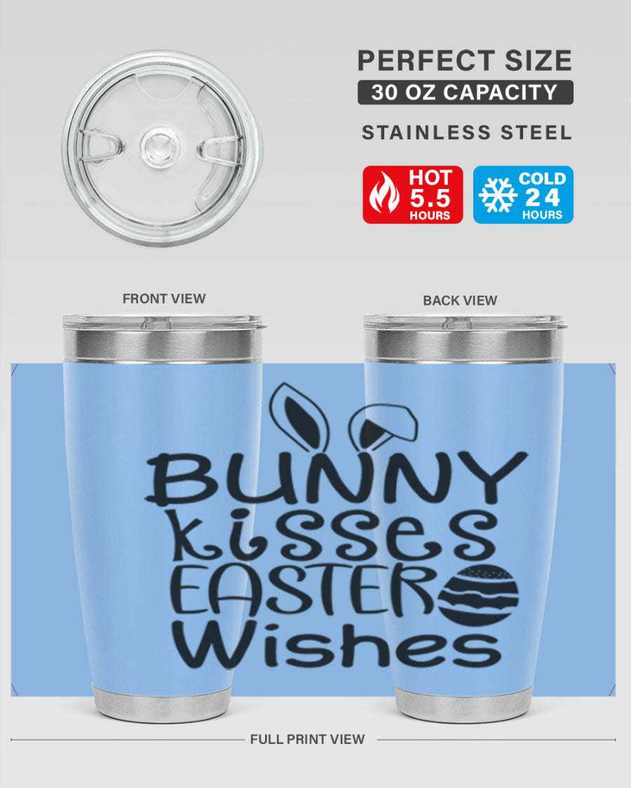 Bunny Kisses Easter Wishes tumbler featuring a whimsical design, available in 20oz and 30oz sizes, made of stainless steel.