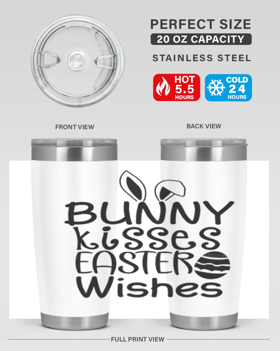 Bunny Kisses Easter Wishes tumbler featuring a whimsical design, available in 20oz and 30oz sizes, made of stainless steel.