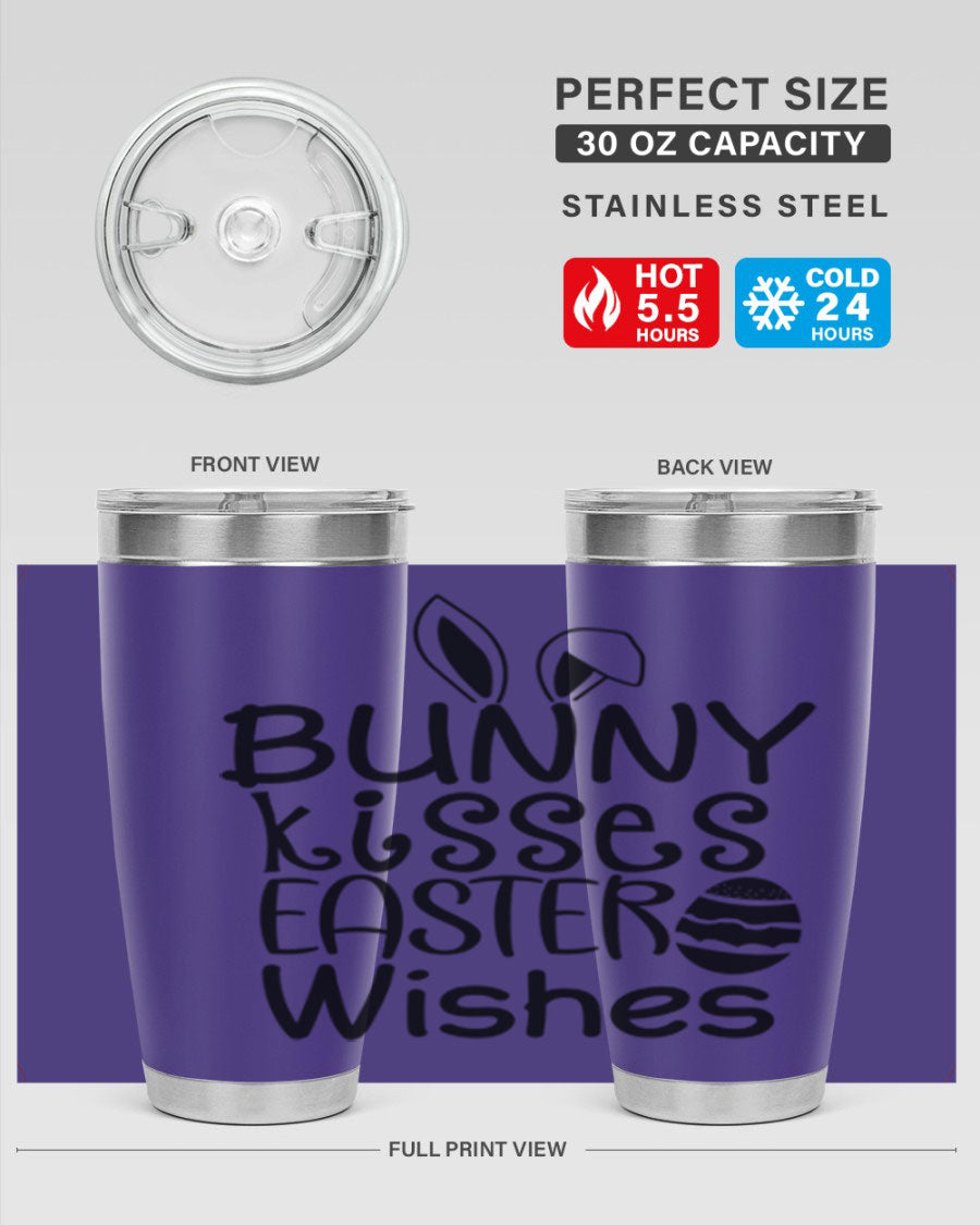 Bunny Kisses Easter Wishes tumbler featuring a whimsical design, available in 20oz and 30oz sizes, made of stainless steel.