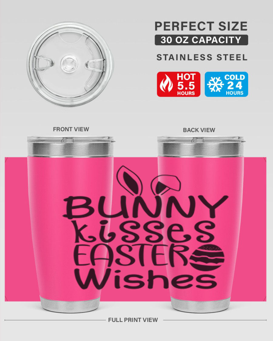 Bunny Kisses Easter Wishes tumbler featuring a whimsical design, available in 20oz and 30oz sizes, made of stainless steel.