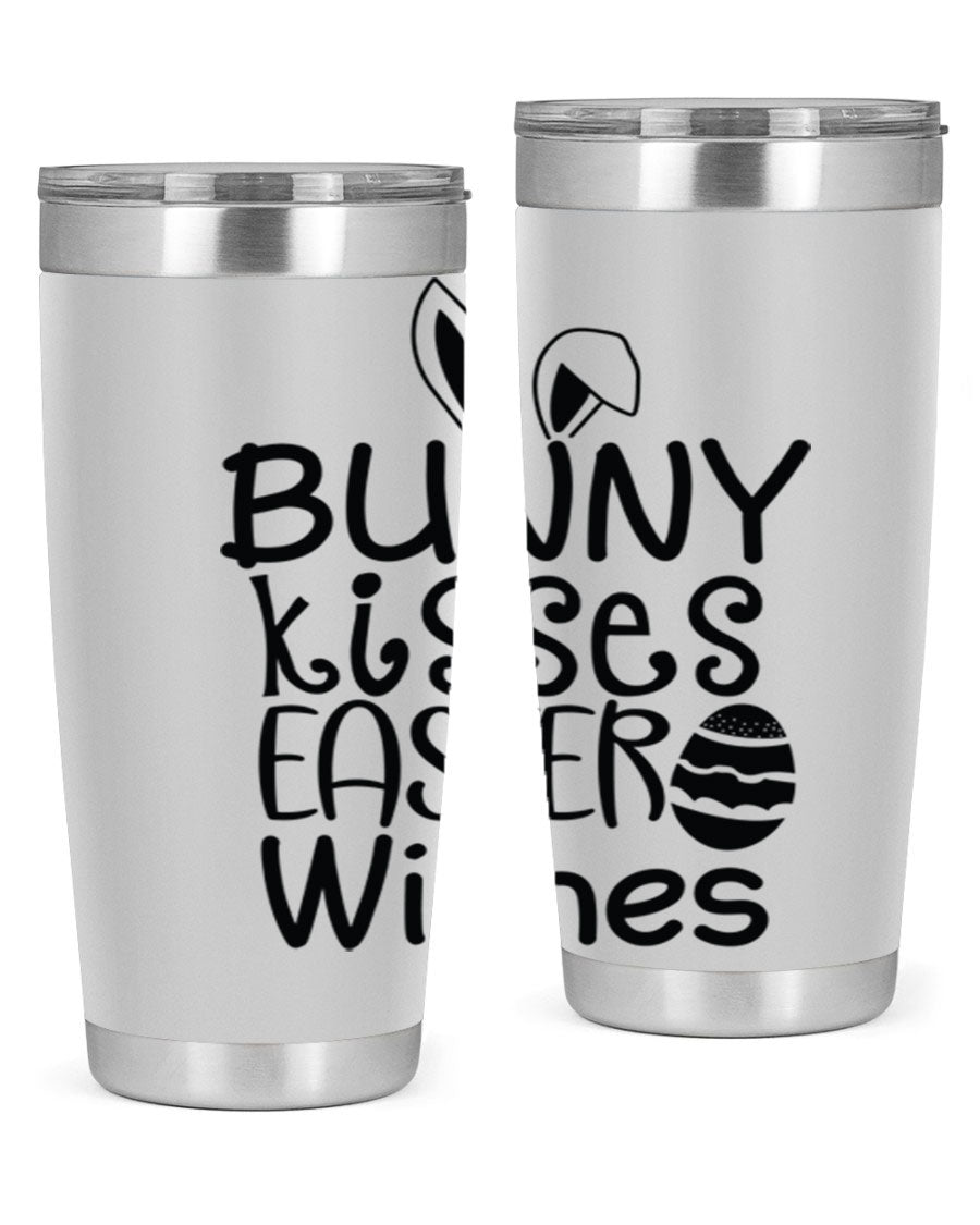 Bunny Kisses Easter Wishes tumbler featuring a whimsical design, available in 20oz and 30oz sizes, made of stainless steel.