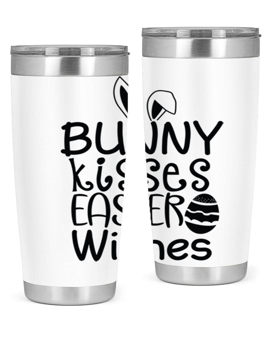 Bunny Kisses Easter Wishes tumbler featuring a whimsical design, available in 20oz and 30oz sizes, made of stainless steel.