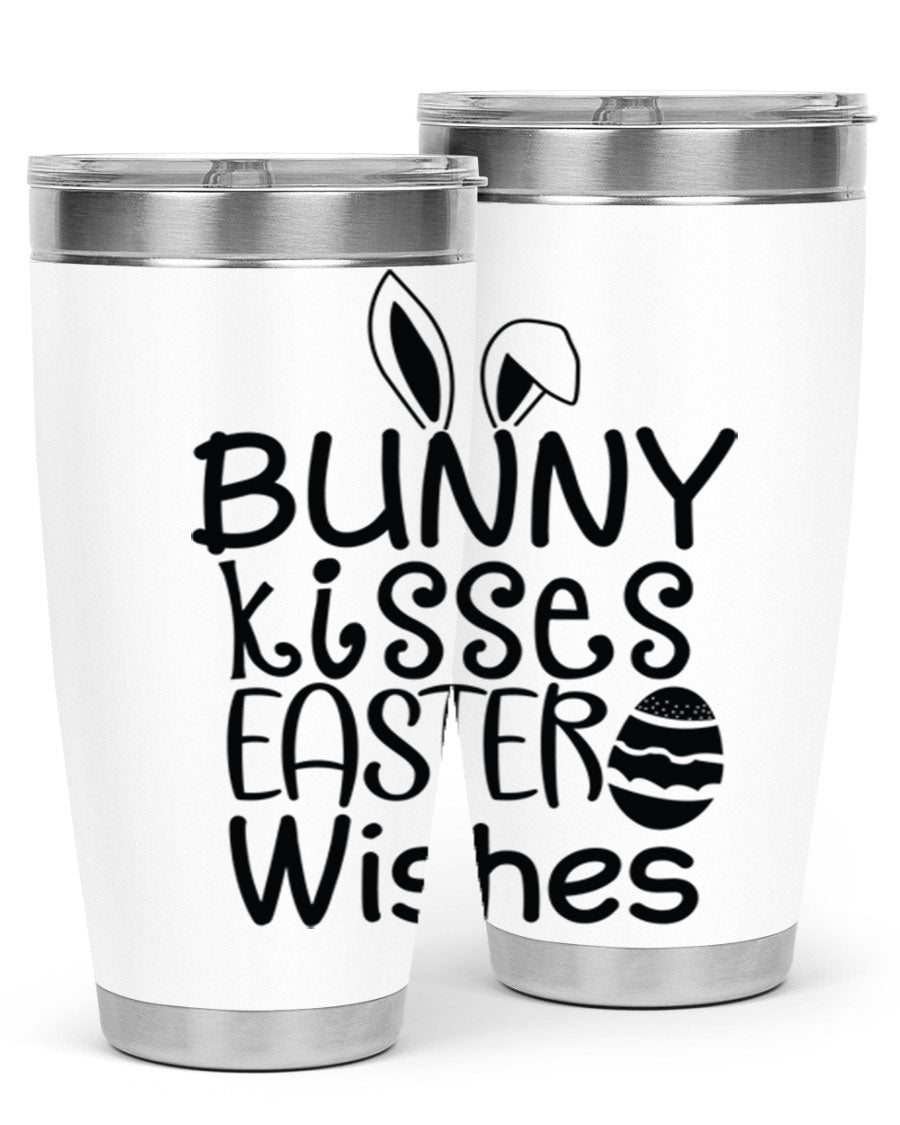 Bunny Kisses Easter Wishes tumbler featuring a whimsical design, available in 20oz and 30oz sizes, made of stainless steel.