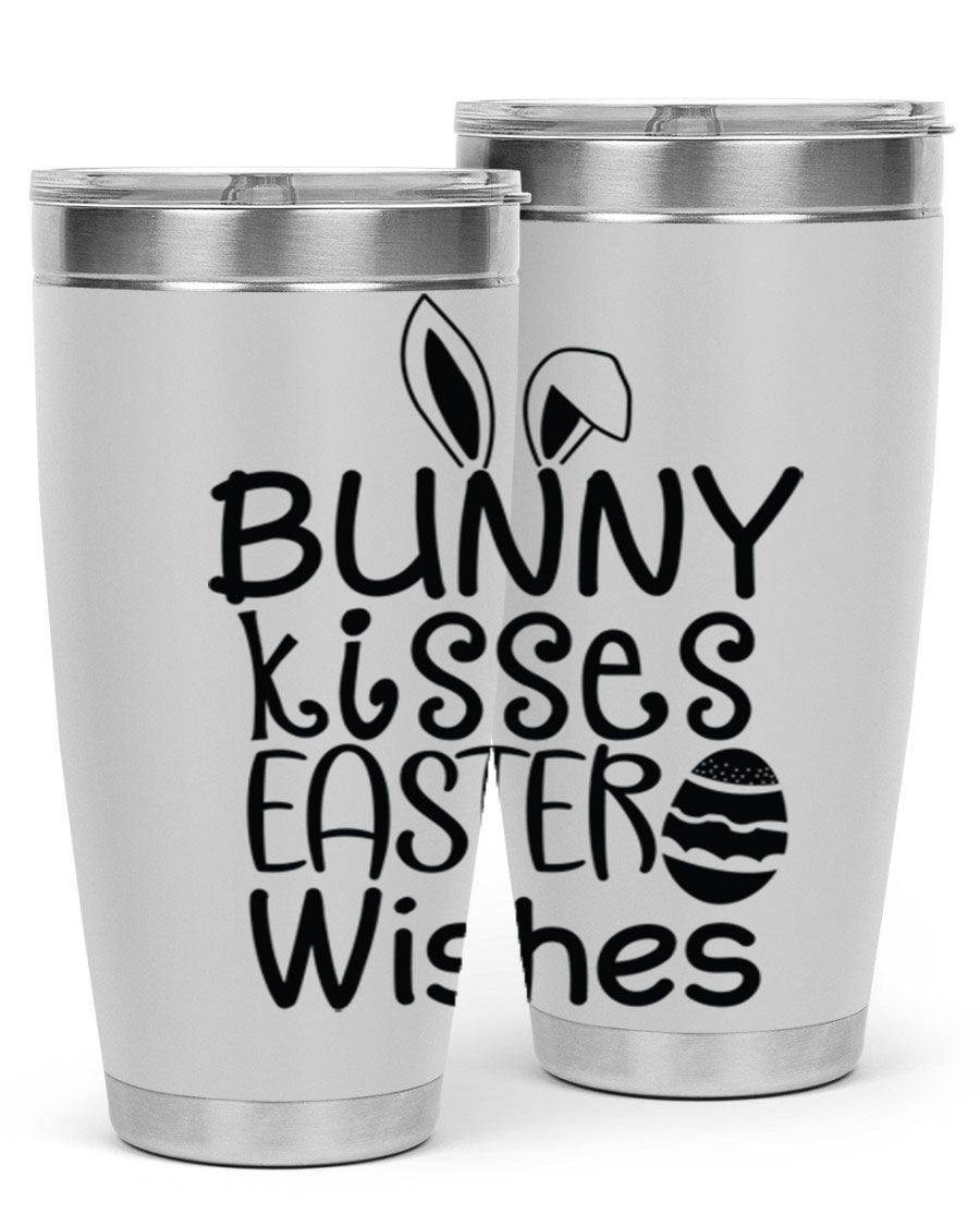 Bunny Kisses Easter Wishes tumbler featuring a whimsical design, available in 20oz and 30oz sizes, made of stainless steel.