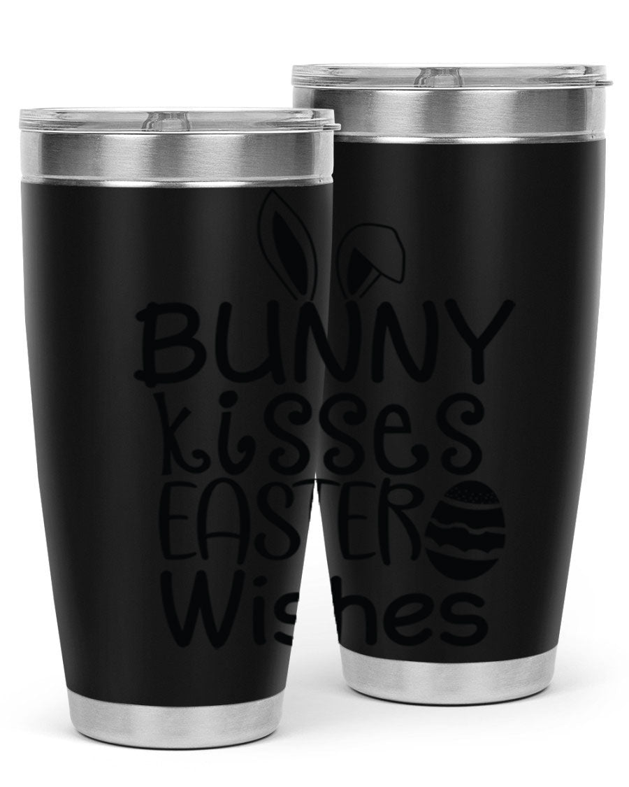 Bunny Kisses Easter Wishes tumbler featuring a whimsical design, available in 20oz and 30oz sizes, made of stainless steel.