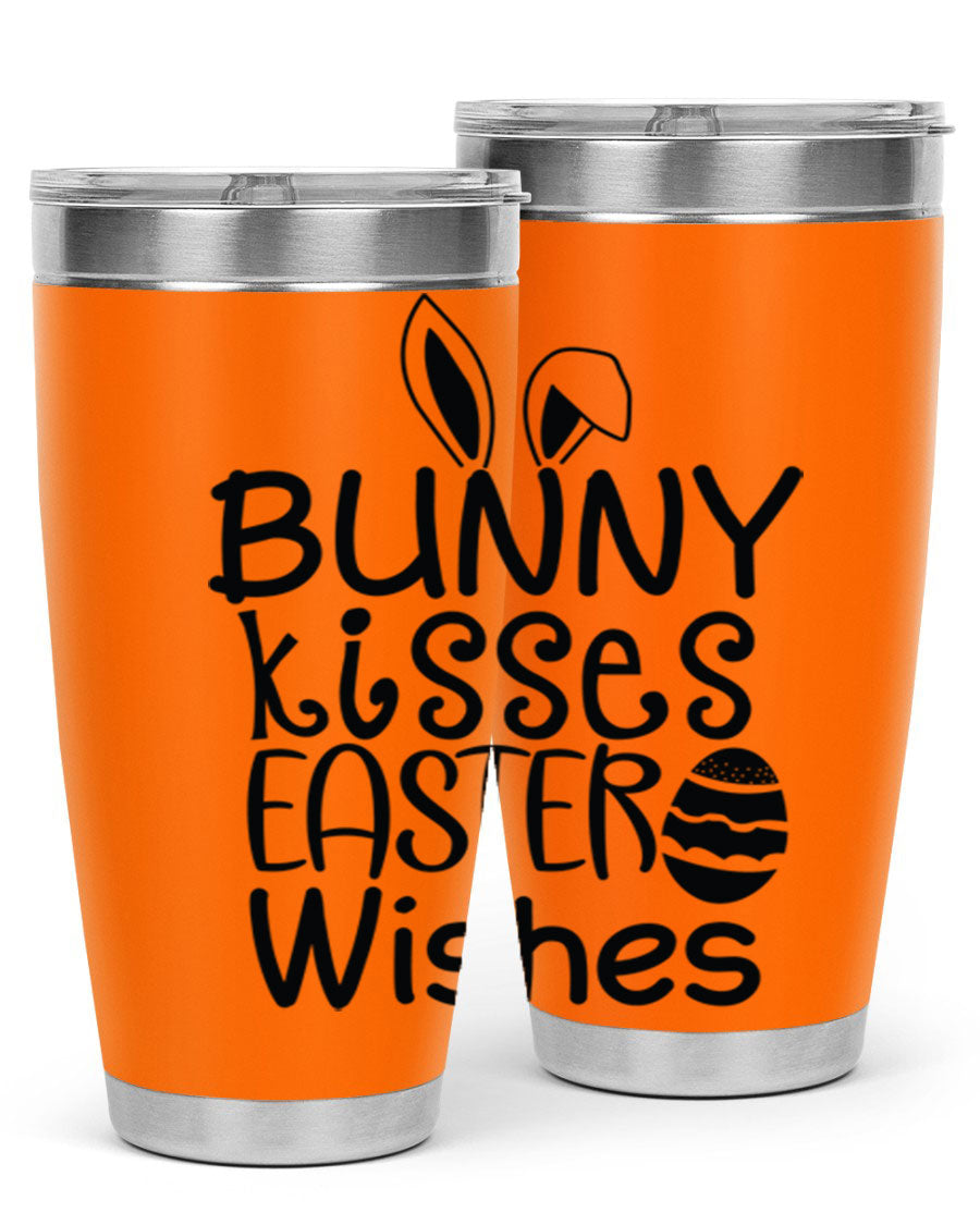 Bunny Kisses Easter Wishes tumbler featuring a whimsical design, available in 20oz and 30oz sizes, made of stainless steel.