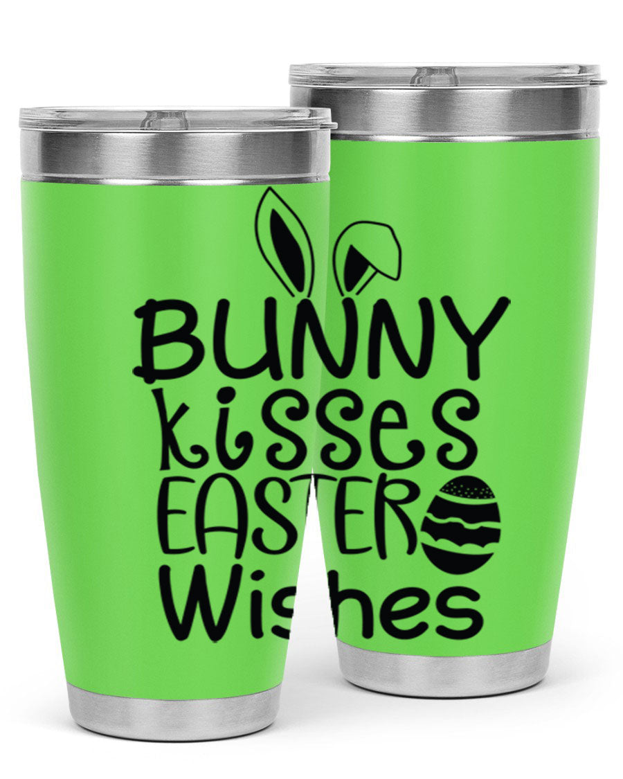 Bunny Kisses Easter Wishes tumbler featuring a whimsical design, available in 20oz and 30oz sizes, made of stainless steel.