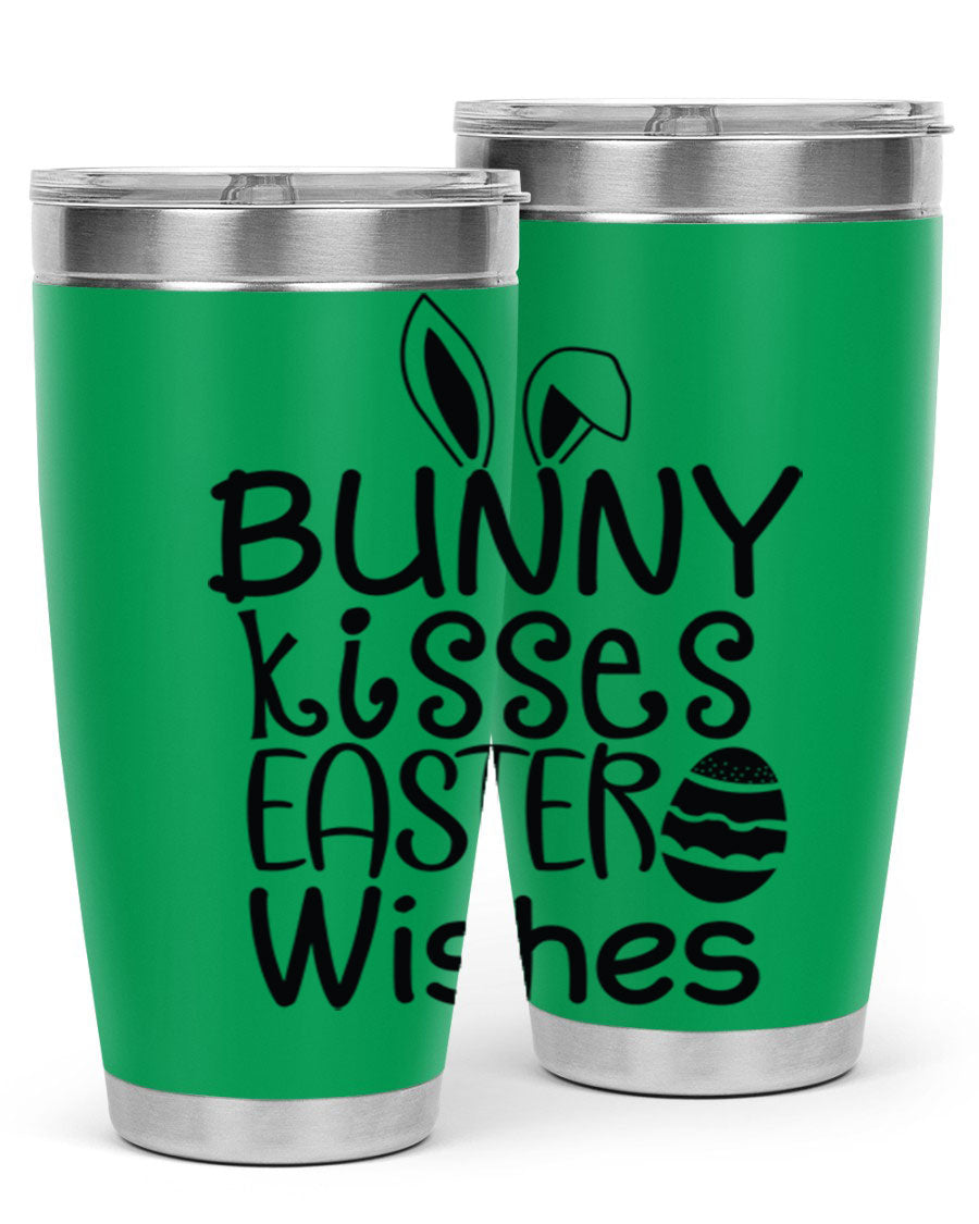 Bunny Kisses Easter Wishes tumbler featuring a whimsical design, available in 20oz and 30oz sizes, made of stainless steel.