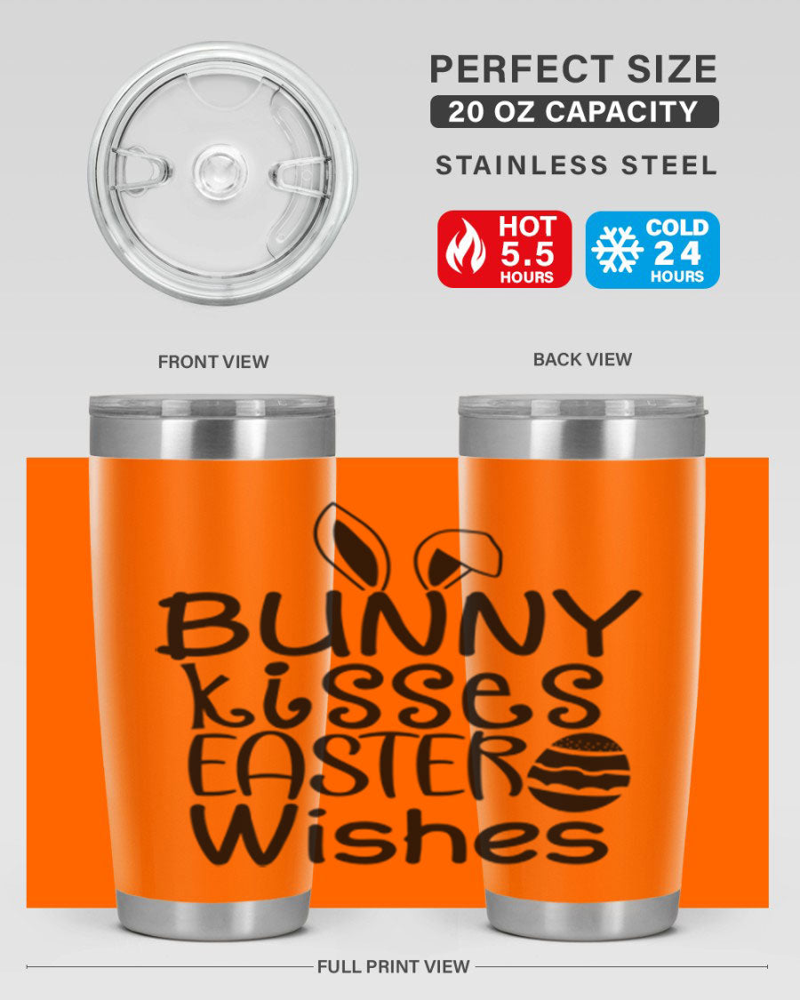 Bunny Kisses Easter Wishes tumbler featuring a whimsical design, available in 20oz and 30oz sizes, made of stainless steel.