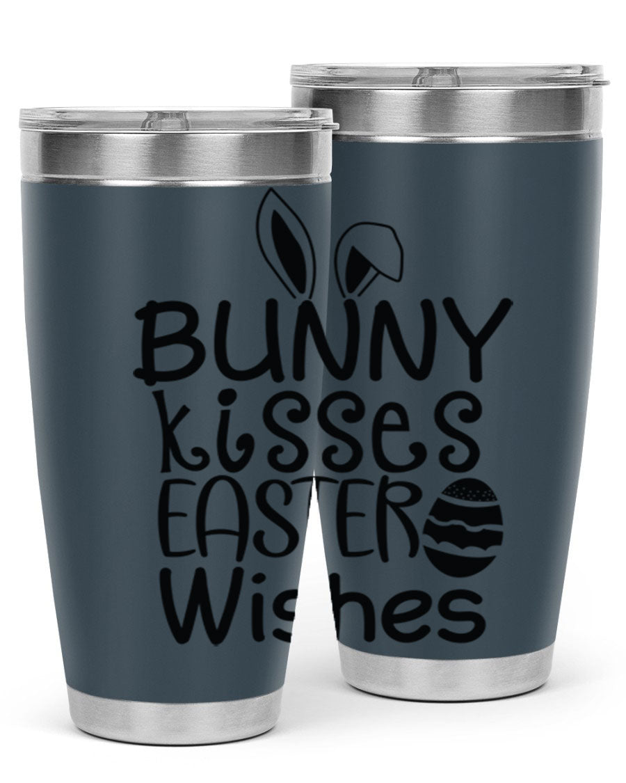 Bunny Kisses Easter Wishes tumbler featuring a whimsical design, available in 20oz and 30oz sizes, made of stainless steel.