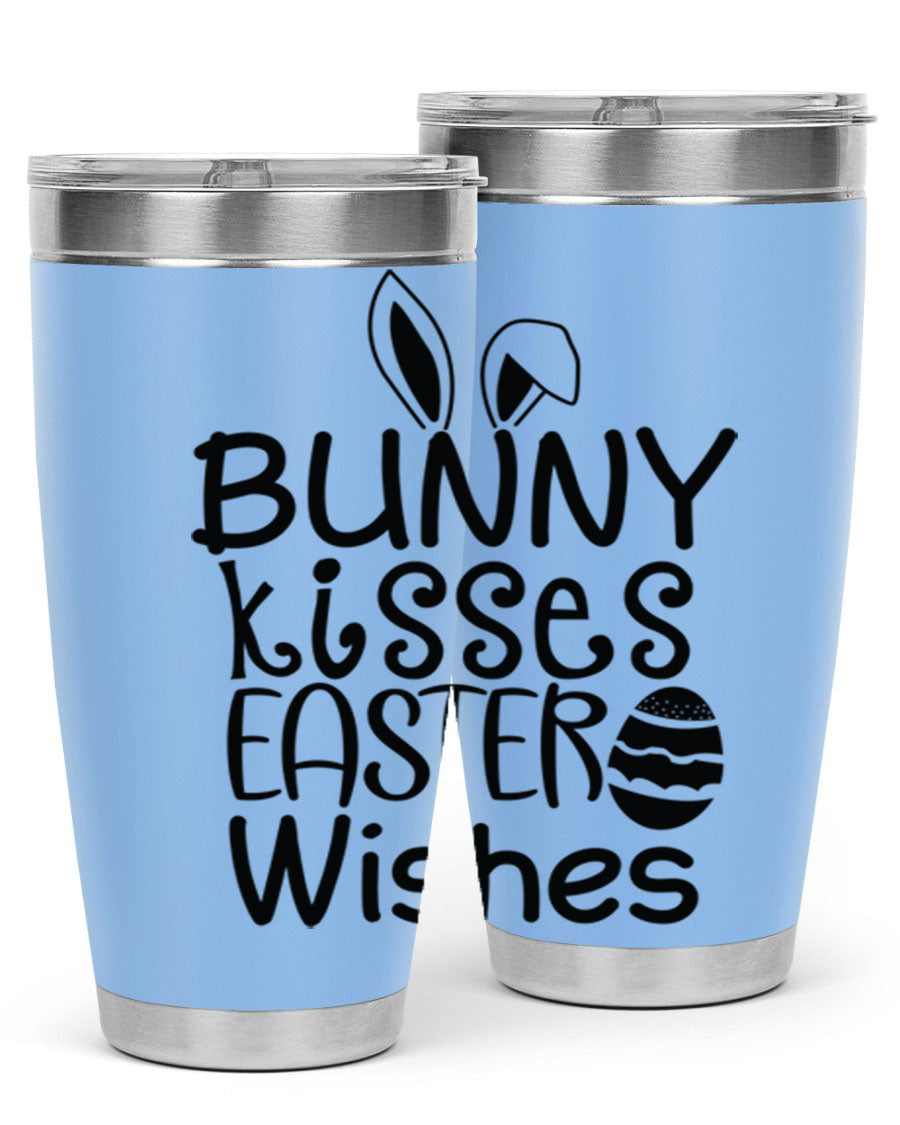 Bunny Kisses Easter Wishes tumbler featuring a whimsical design, available in 20oz and 30oz sizes, made of stainless steel.