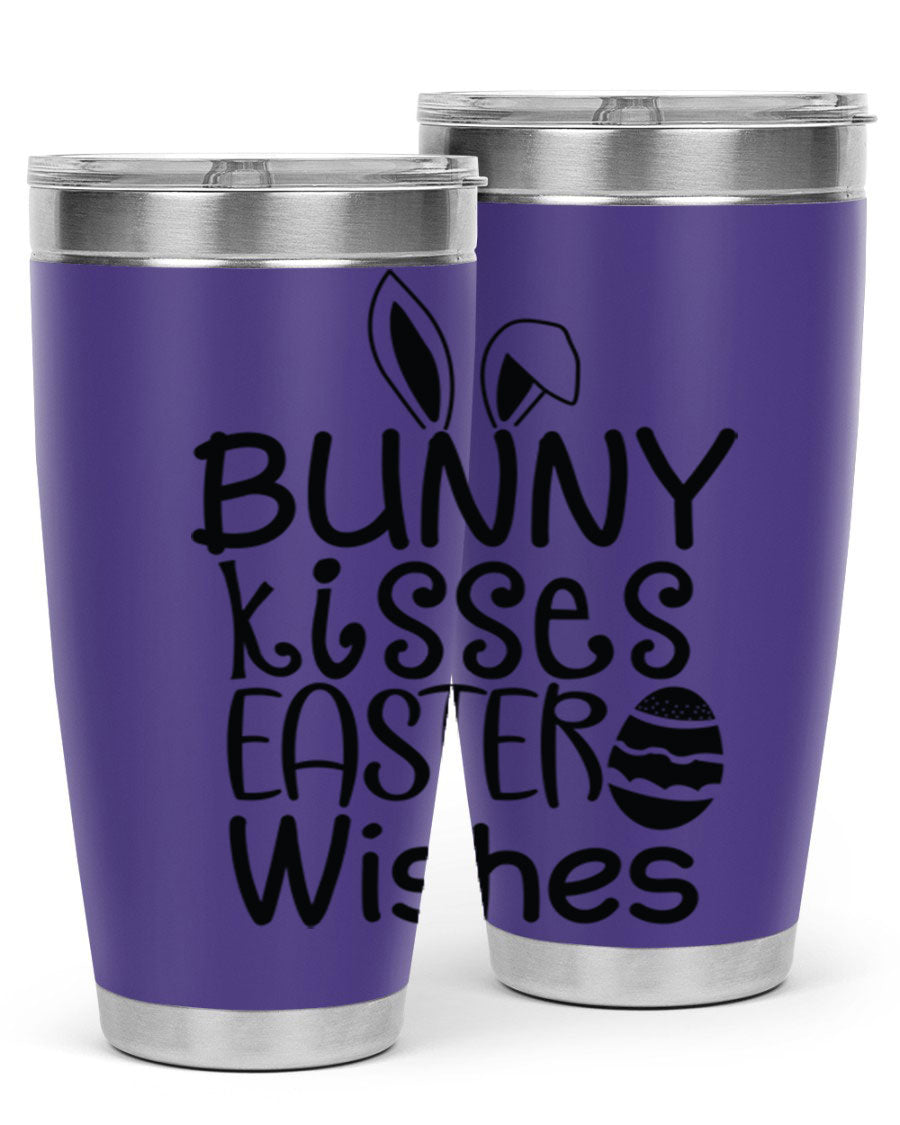 Bunny Kisses Easter Wishes tumbler featuring a whimsical design, available in 20oz and 30oz sizes, made of stainless steel.