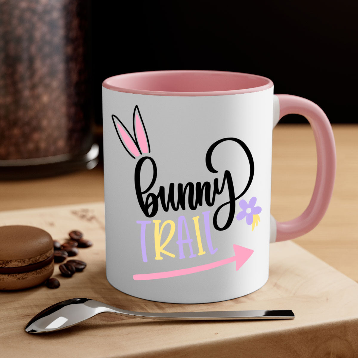 Bunny Trail 67# Easter Mug with colorful handle and glossy finish, perfect for coffee and tea.