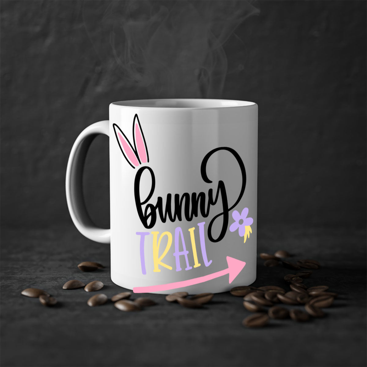 Bunny Trail 67# Easter Mug with colorful handle and glossy finish, perfect for coffee and tea.