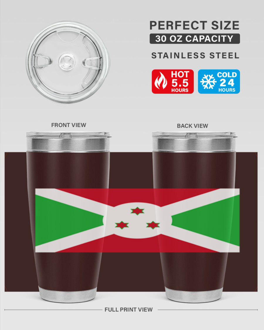 Burundi 170# Tumbler featuring a double wall vacuum stainless steel design with a vibrant flag print, ideal for hot and cold beverages.