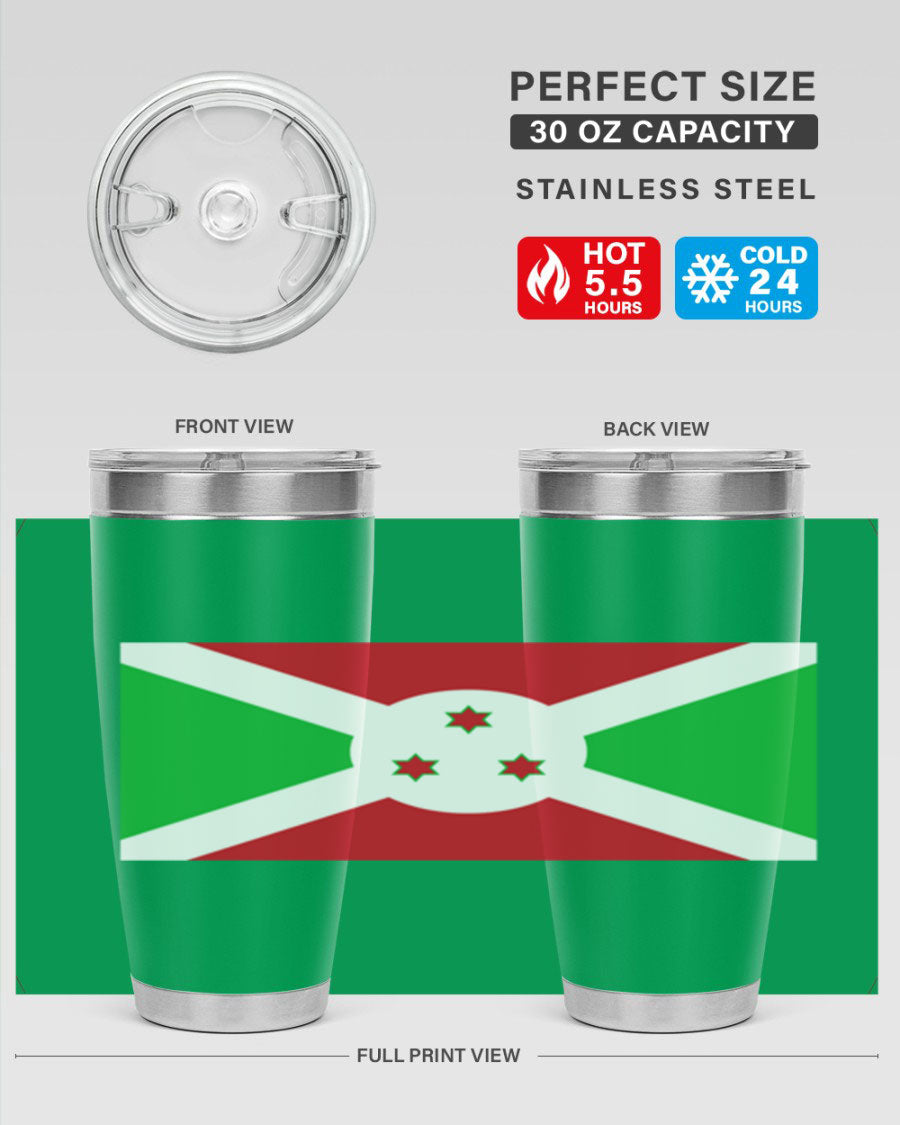 Burundi 170# Tumbler featuring a double wall vacuum stainless steel design with a vibrant flag print, ideal for hot and cold beverages.