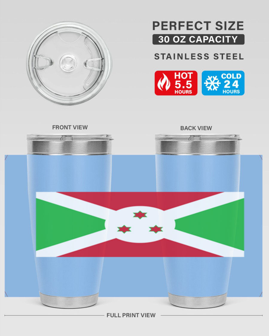 Burundi 170# Tumbler featuring a double wall vacuum stainless steel design with a vibrant flag print, ideal for hot and cold beverages.