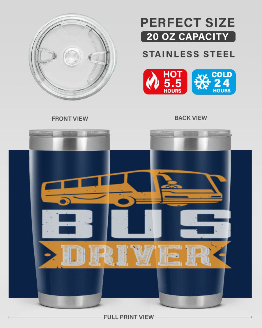 Bus driver Style 40# tumbler, a 20oz double wall vacuum stainless steel tumbler with a drink-thru lid, perfect for hot and cold beverages.