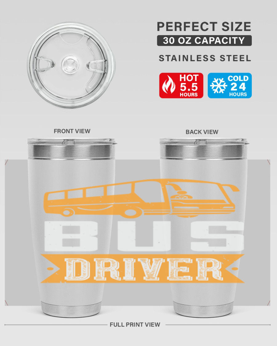 Bus driver Style 40# tumbler, a 20oz double wall vacuum stainless steel tumbler with a drink-thru lid, perfect for hot and cold beverages.