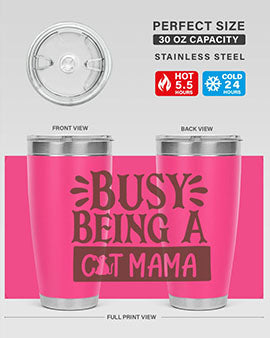 Busy Being A Cat Mama tumbler in stainless steel with a stylish design, perfect for cat lovers.