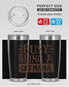 Busy Being A Cat Mama tumbler in stainless steel with a stylish design, perfect for cat lovers.