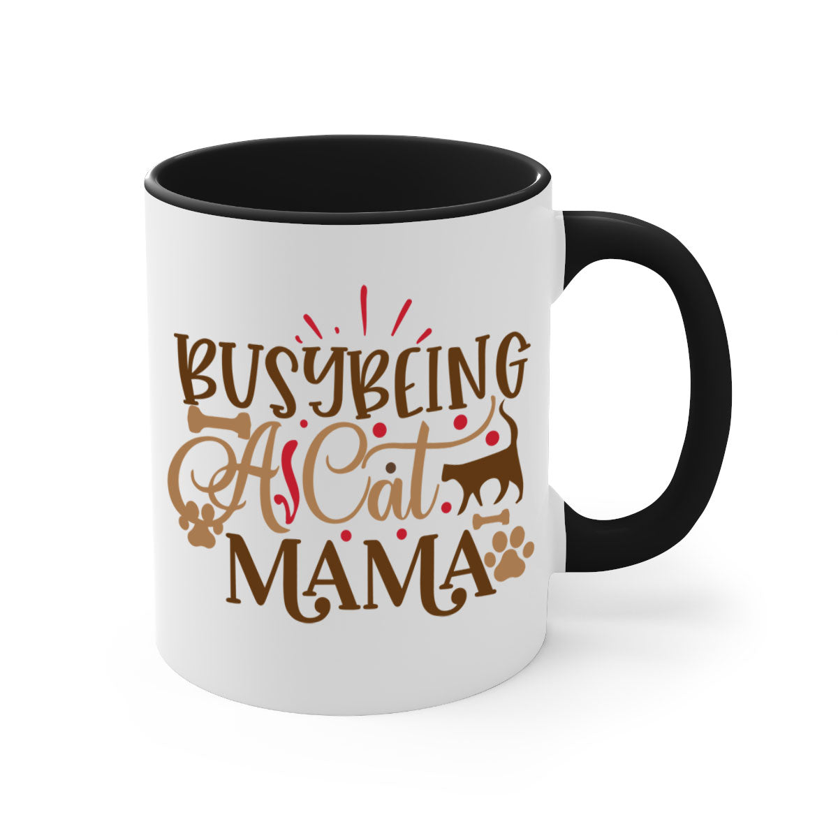 A stylish two-tone ceramic mug with a colored handle and interior, featuring the phrase 'Busy Being A Cat Mama' in a glossy finish.