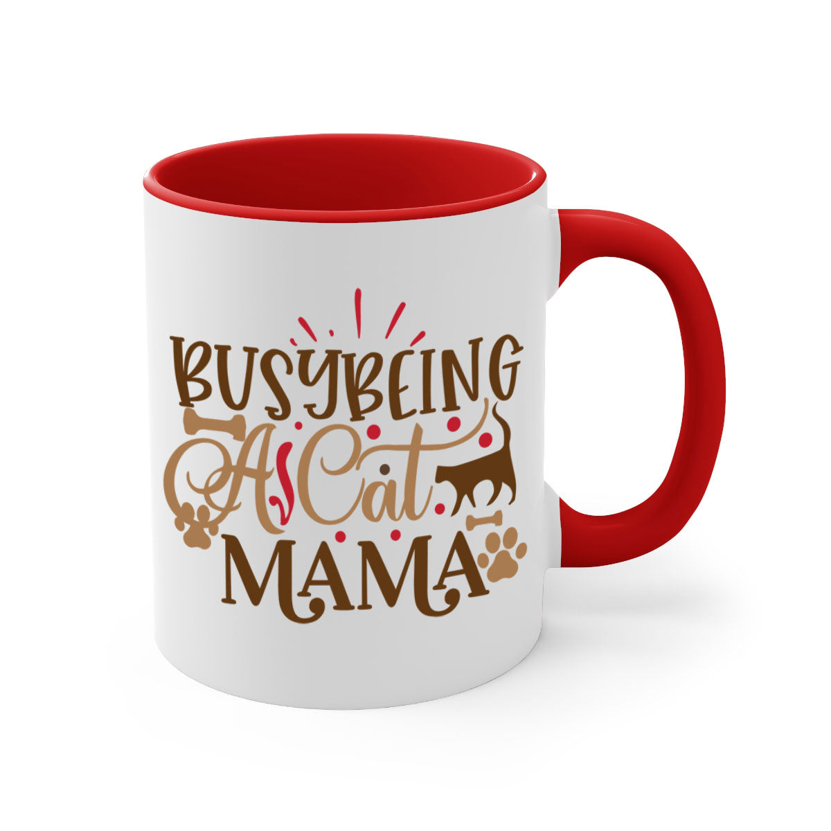 A stylish two-tone ceramic mug with a colored handle and interior, featuring the phrase 'Busy Being A Cat Mama' in a glossy finish.