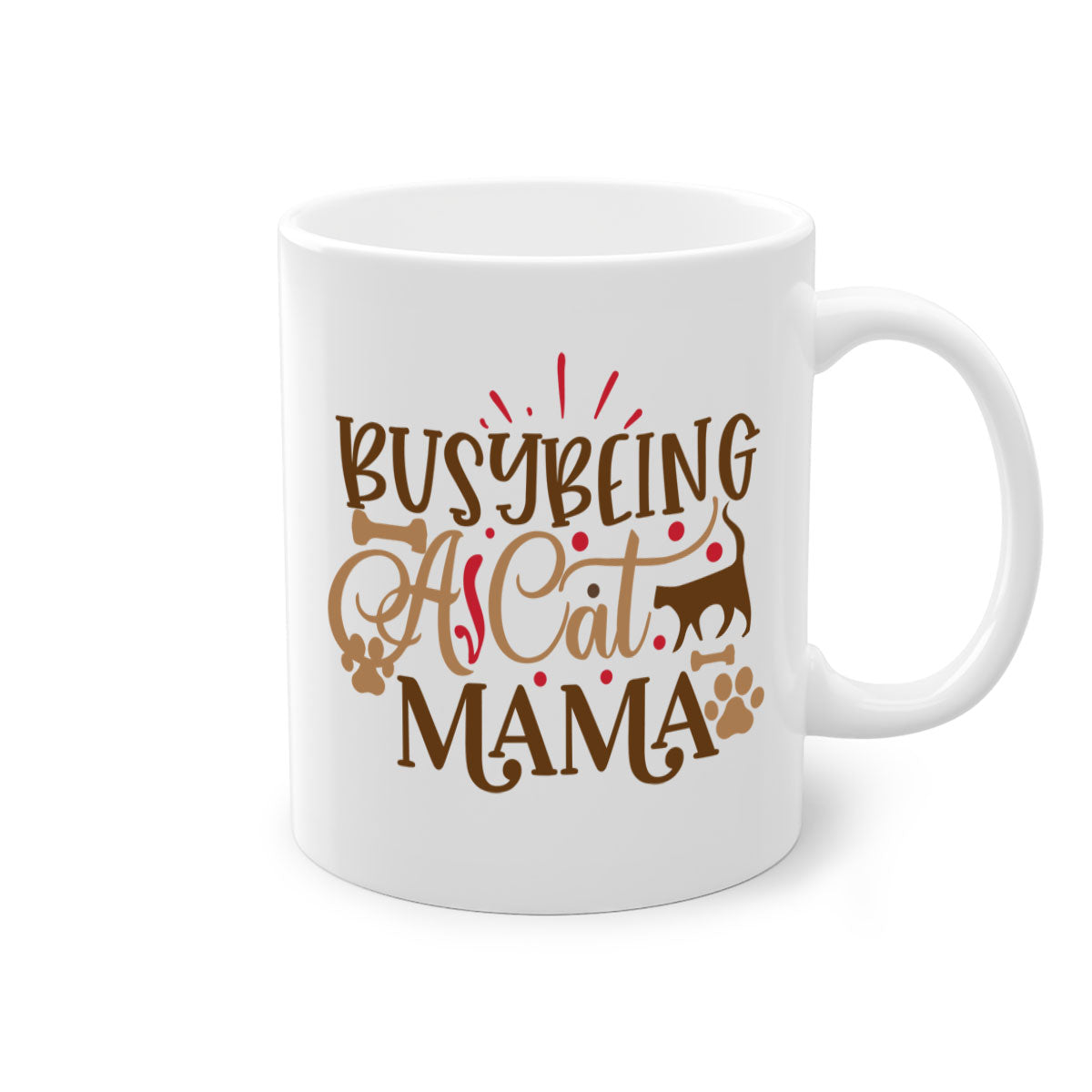 A stylish two-tone ceramic mug with a colored handle and interior, featuring the phrase 'Busy Being A Cat Mama' in a glossy finish.