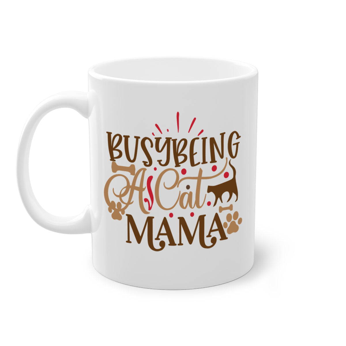 A stylish two-tone ceramic mug with a colored handle and interior, featuring the phrase 'Busy Being A Cat Mama' in a glossy finish.