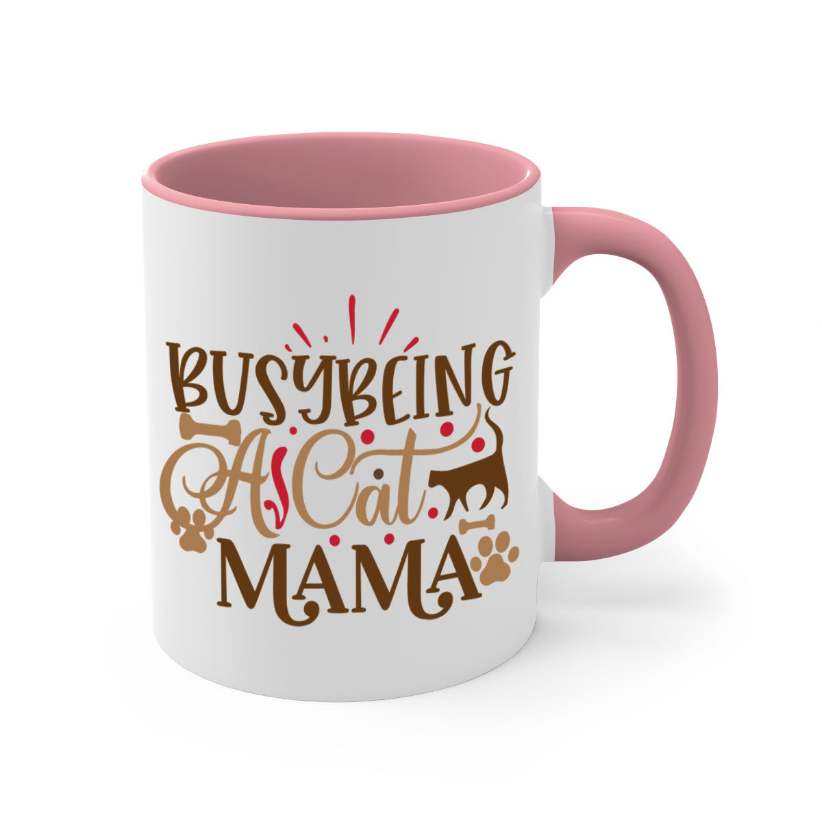 A stylish two-tone ceramic mug with a colored handle and interior, featuring the phrase 'Busy Being A Cat Mama' in a glossy finish.