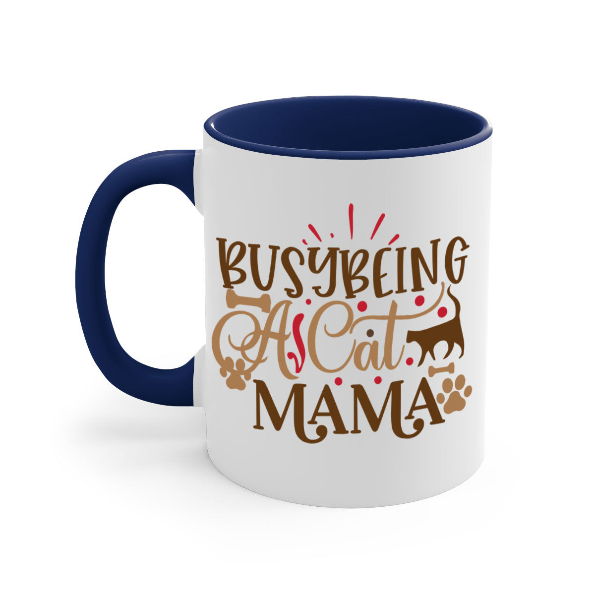 A stylish two-tone ceramic mug with a colored handle and interior, featuring the phrase 'Busy Being A Cat Mama' in a glossy finish.