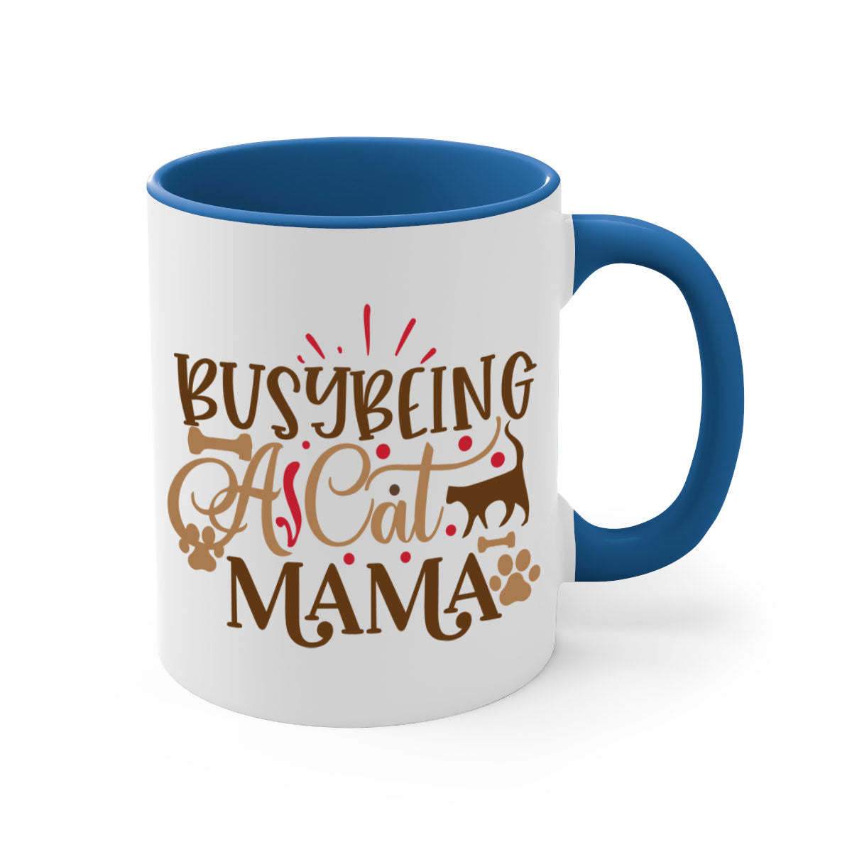 A stylish two-tone ceramic mug with a colored handle and interior, featuring the phrase 'Busy Being A Cat Mama' in a glossy finish.