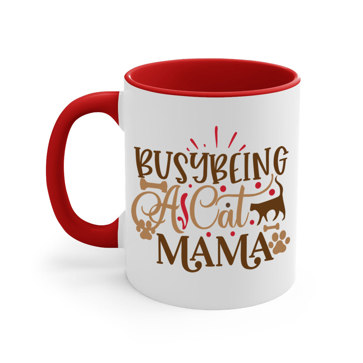 A stylish two-tone ceramic mug with a colored handle and interior, featuring the phrase 'Busy Being A Cat Mama' in a glossy finish.