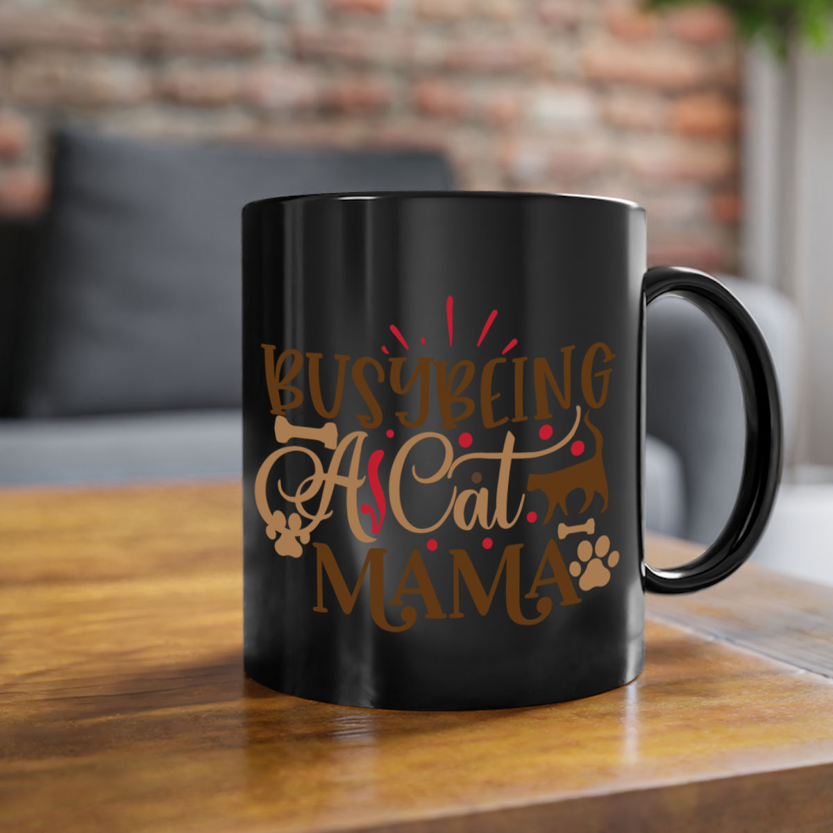 A stylish two-tone ceramic mug with a colored handle and interior, featuring the phrase 'Busy Being A Cat Mama' in a glossy finish.