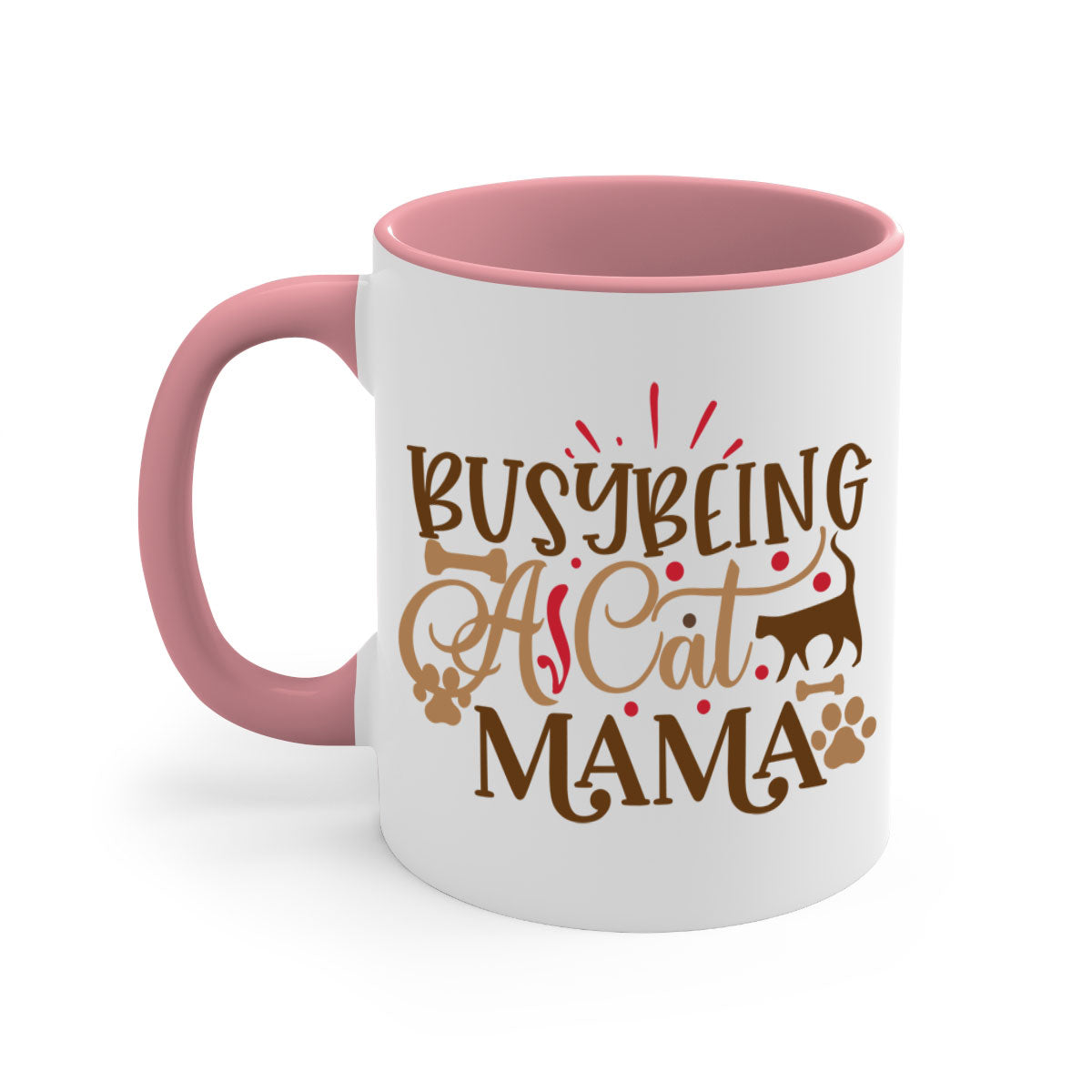 A stylish two-tone ceramic mug with a colored handle and interior, featuring the phrase 'Busy Being A Cat Mama' in a glossy finish.