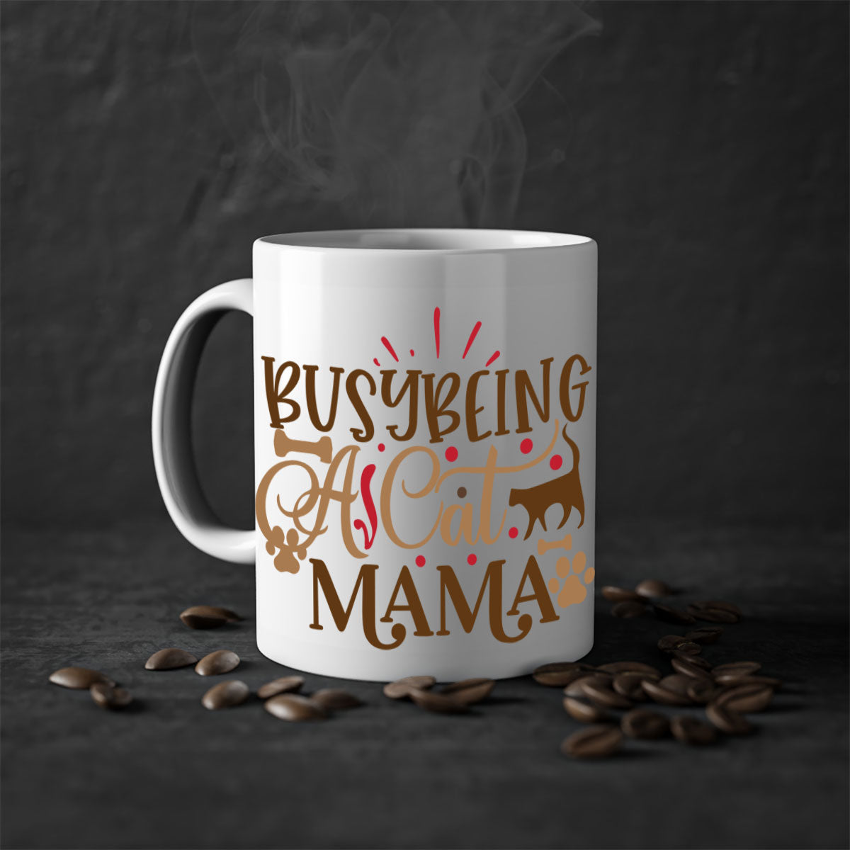 A stylish two-tone ceramic mug with a colored handle and interior, featuring the phrase 'Busy Being A Cat Mama' in a glossy finish.