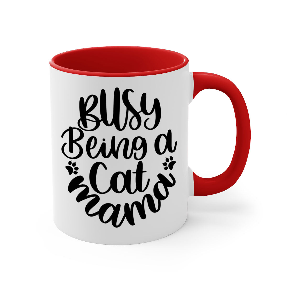 Busy Being A Cat Mama Mug with colorful handle and interior, showcasing a glossy finish and stylish design.