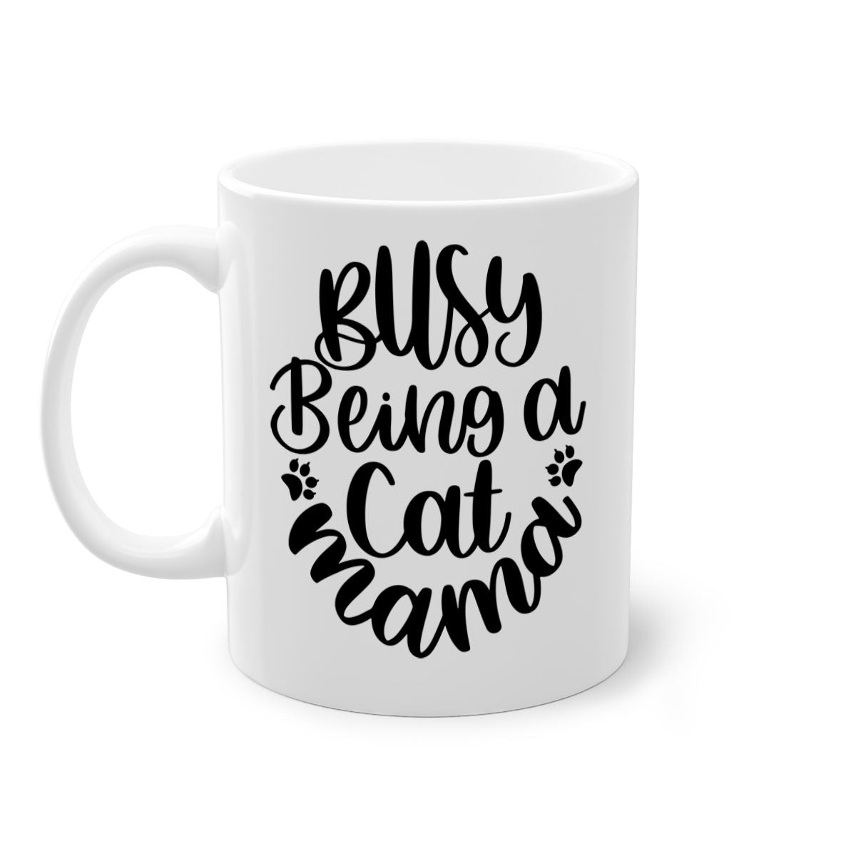 Busy Being A Cat Mama Mug with colorful handle and interior, showcasing a glossy finish and stylish design.