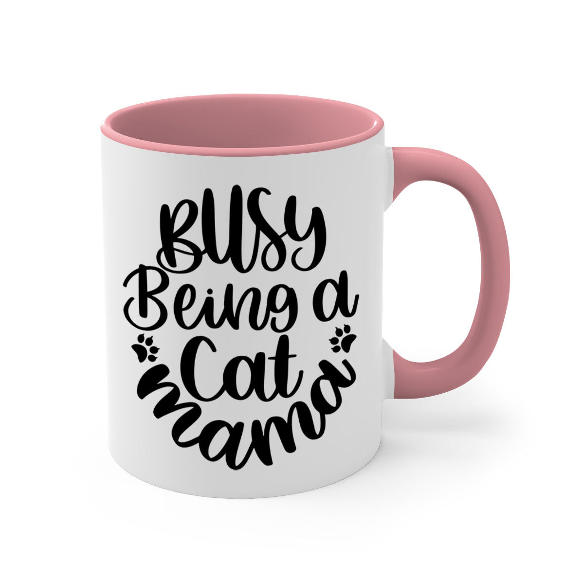 Busy Being A Cat Mama Mug with colorful handle and interior, showcasing a glossy finish and stylish design.